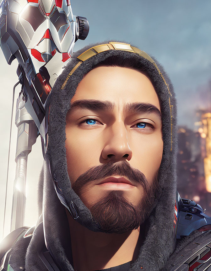 Male character with trimmed beard and blue eyes in hood and futuristic armor, gazing forward.