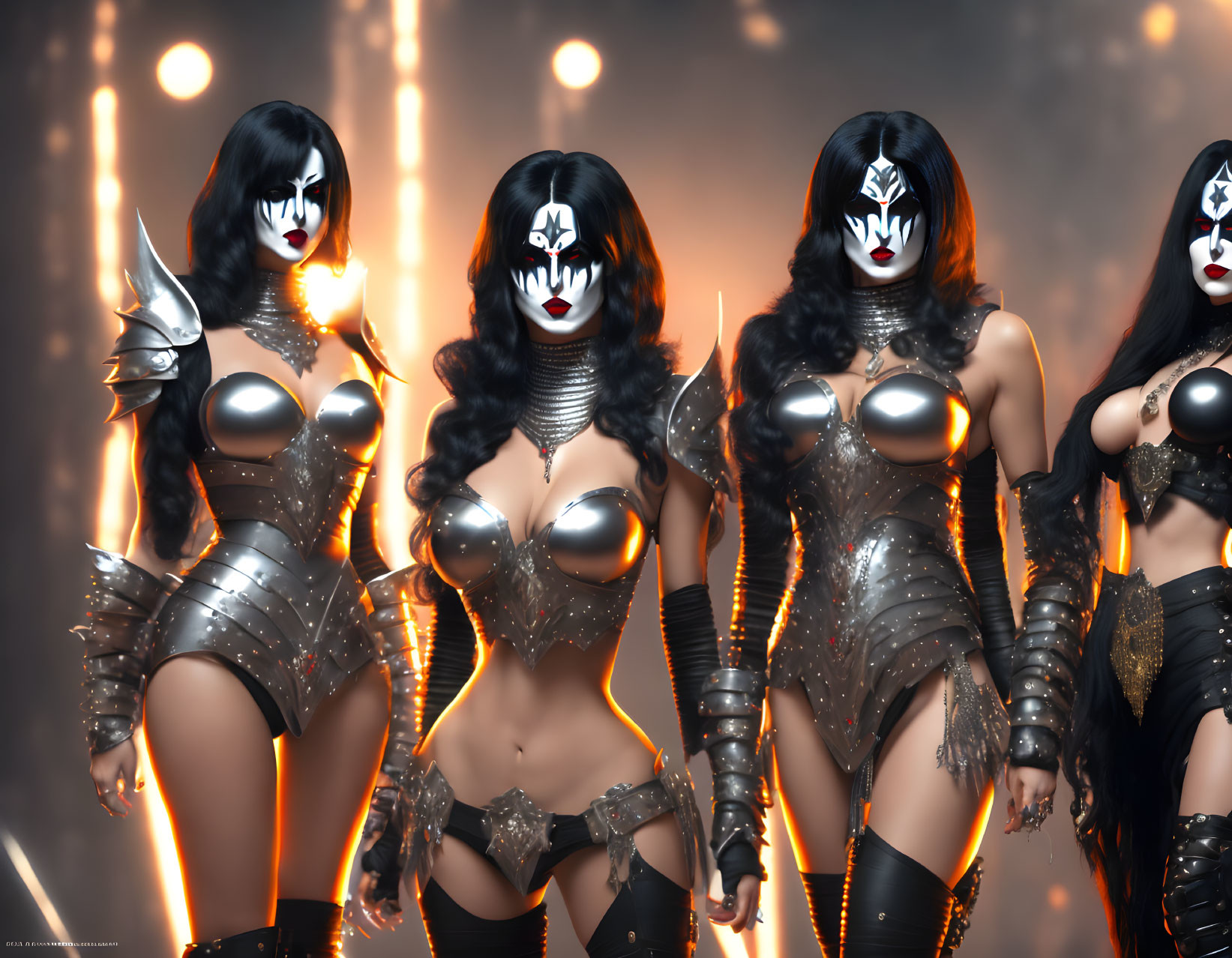 Four individuals in KISS-inspired makeup and costumes with metallic armor elements on smoky backdrop