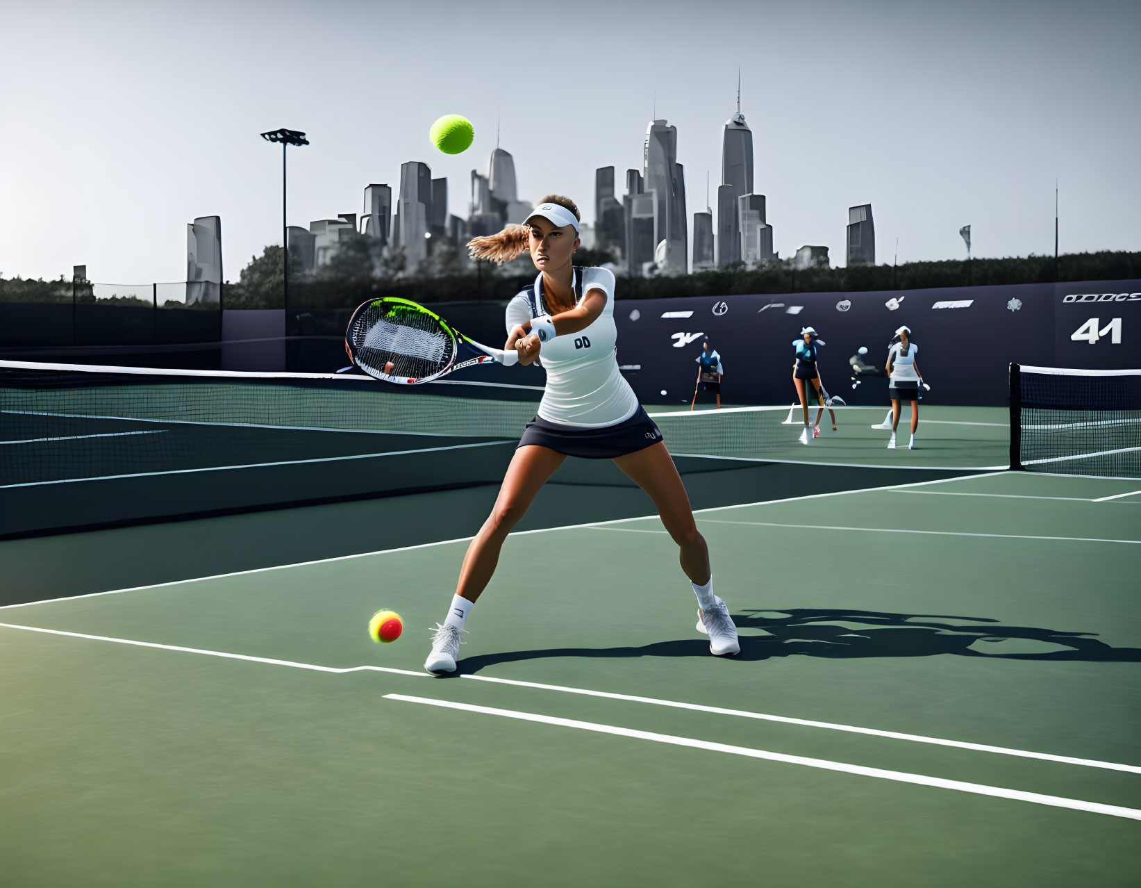 Female tennis player in white outfit hits backhand stroke on urban skyline court
