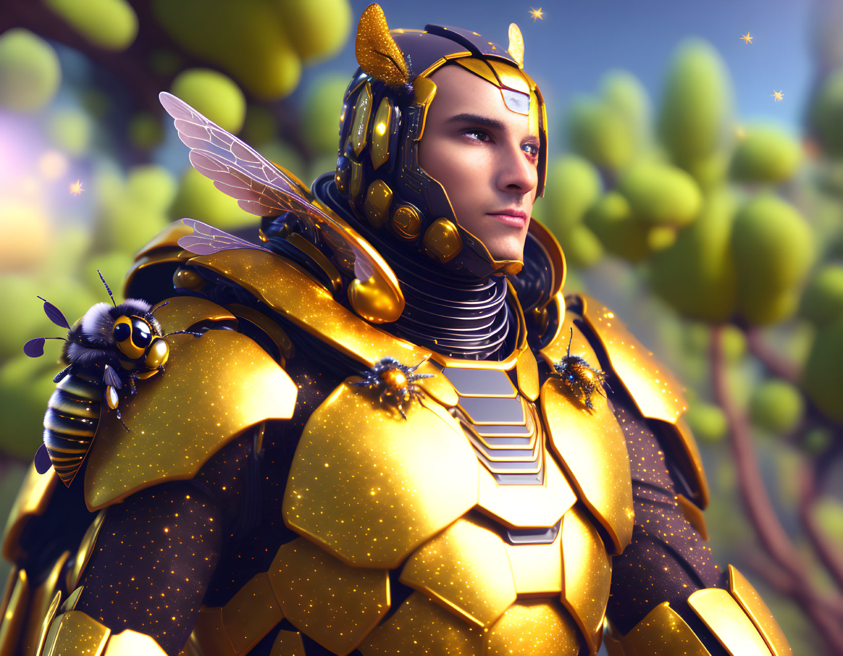 Futuristic bee-themed armor with wings and companion bee in vibrant flora