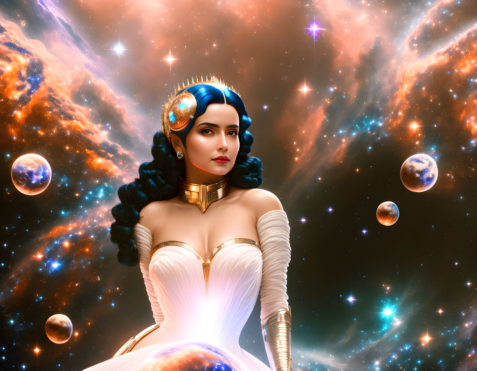 Regal woman in cosmic setting with white dress and space-themed headdress