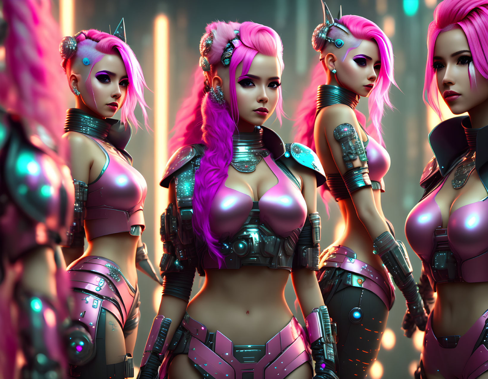 Futuristic female characters with pink hair and cybernetic armor in neon-lit scene