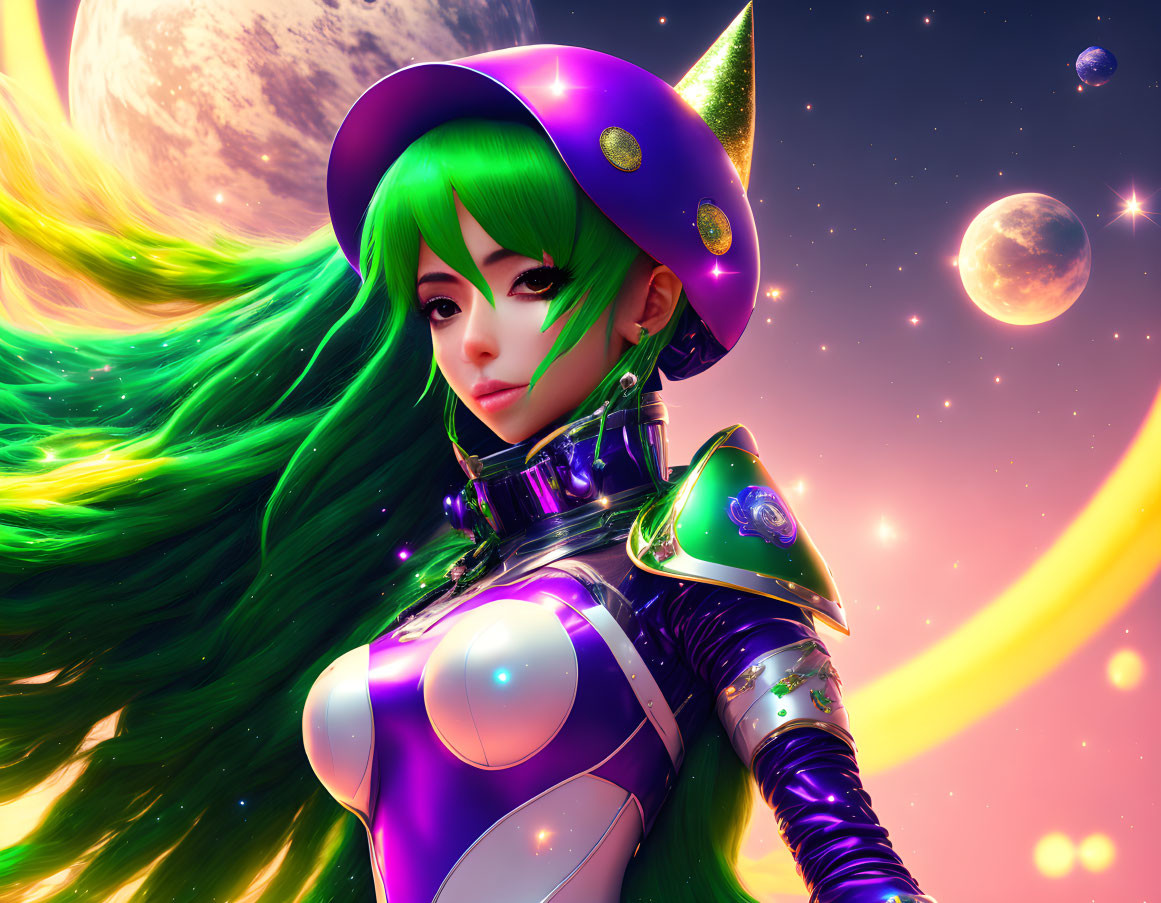Colorful Illustration: Green-Haired Futuristic Witch in Galaxy Outfit