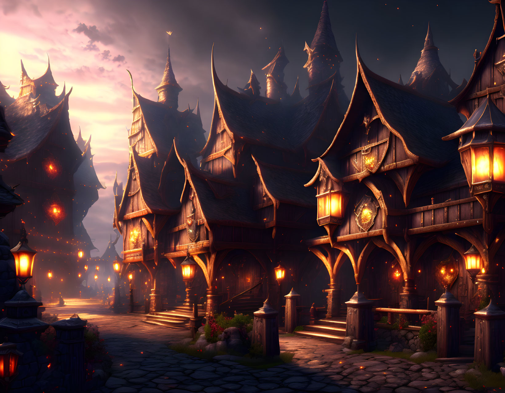 Medieval fantasy village at twilight with illuminated buildings against mountain backdrop