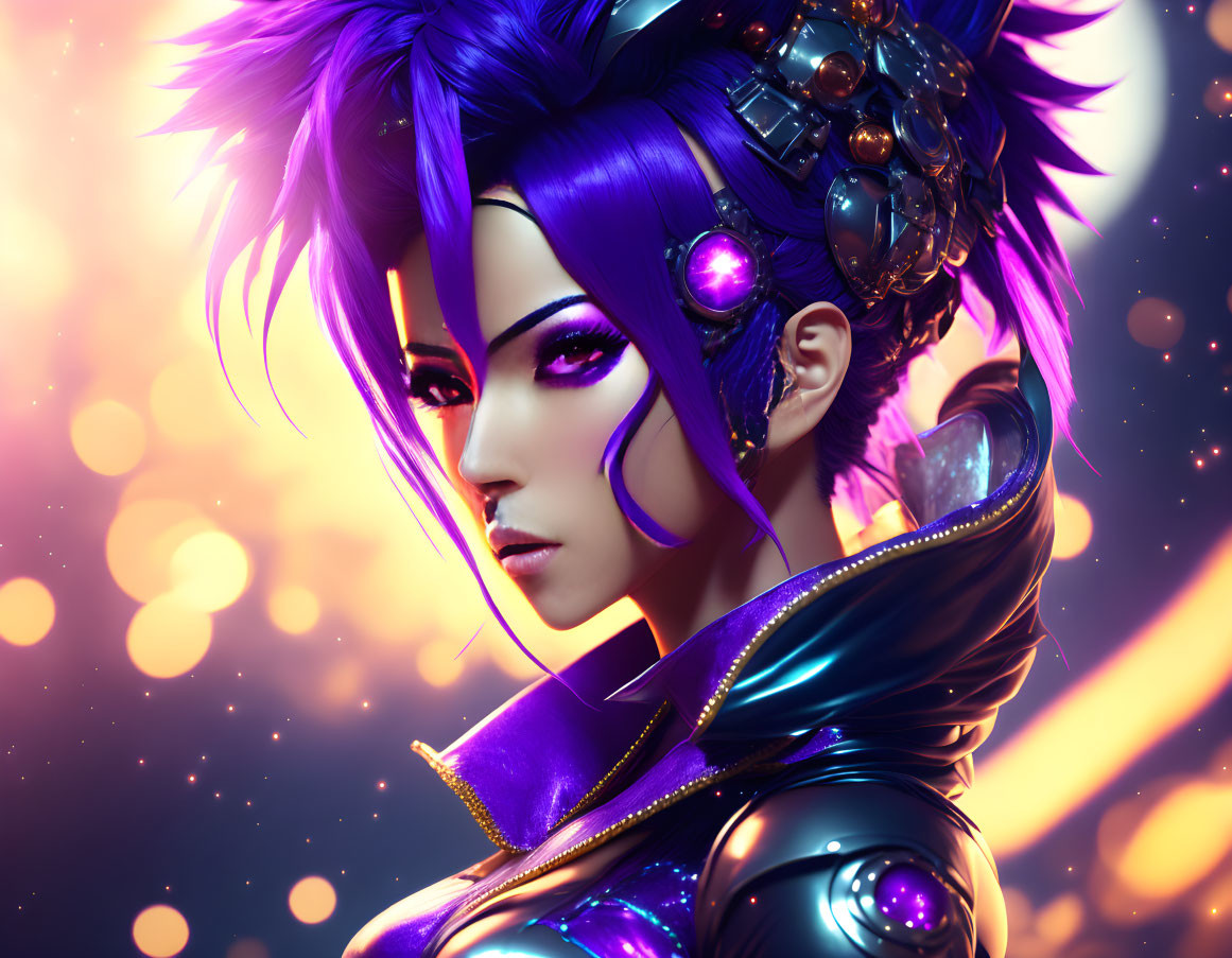 Colorful digital artwork of female character in purple hair and futuristic armor with glowing elements and dynamic background.