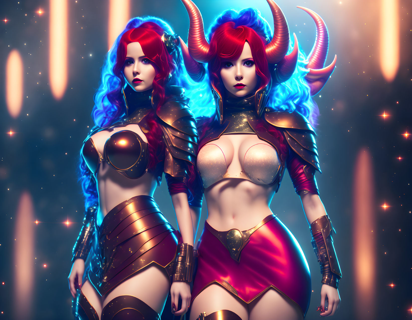 Fantasy female characters with horns and red-blue hair in armored costumes on celestial background