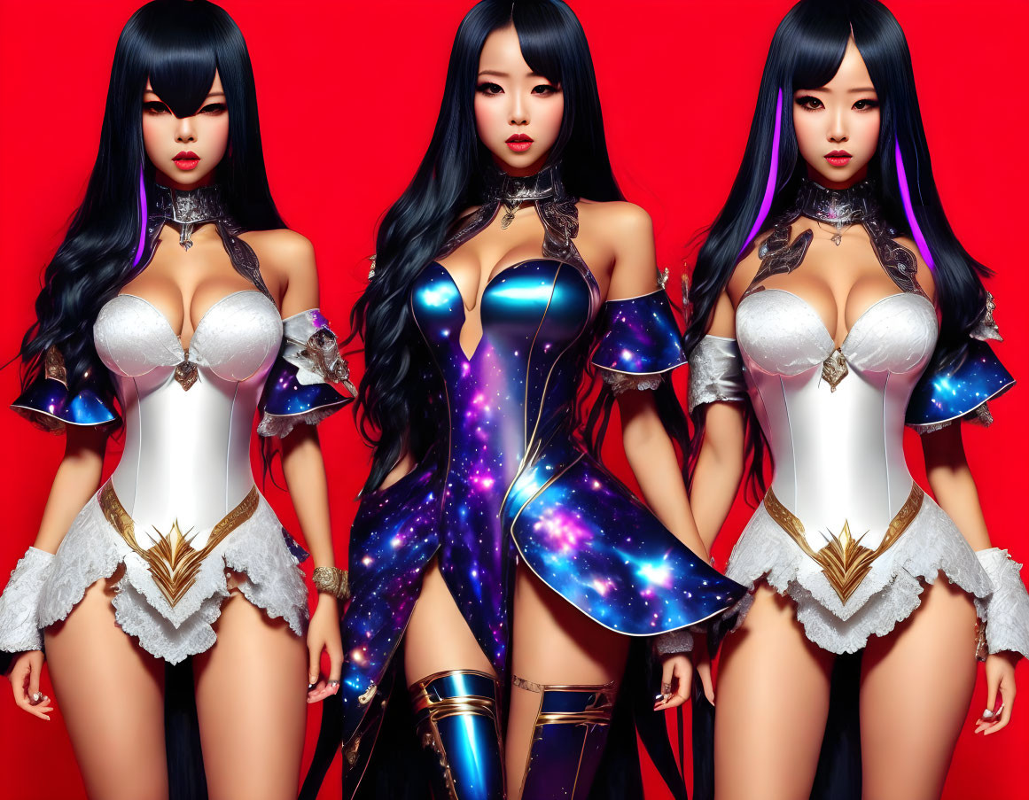 Stylized female figures in white and purple fantasy outfits on red background