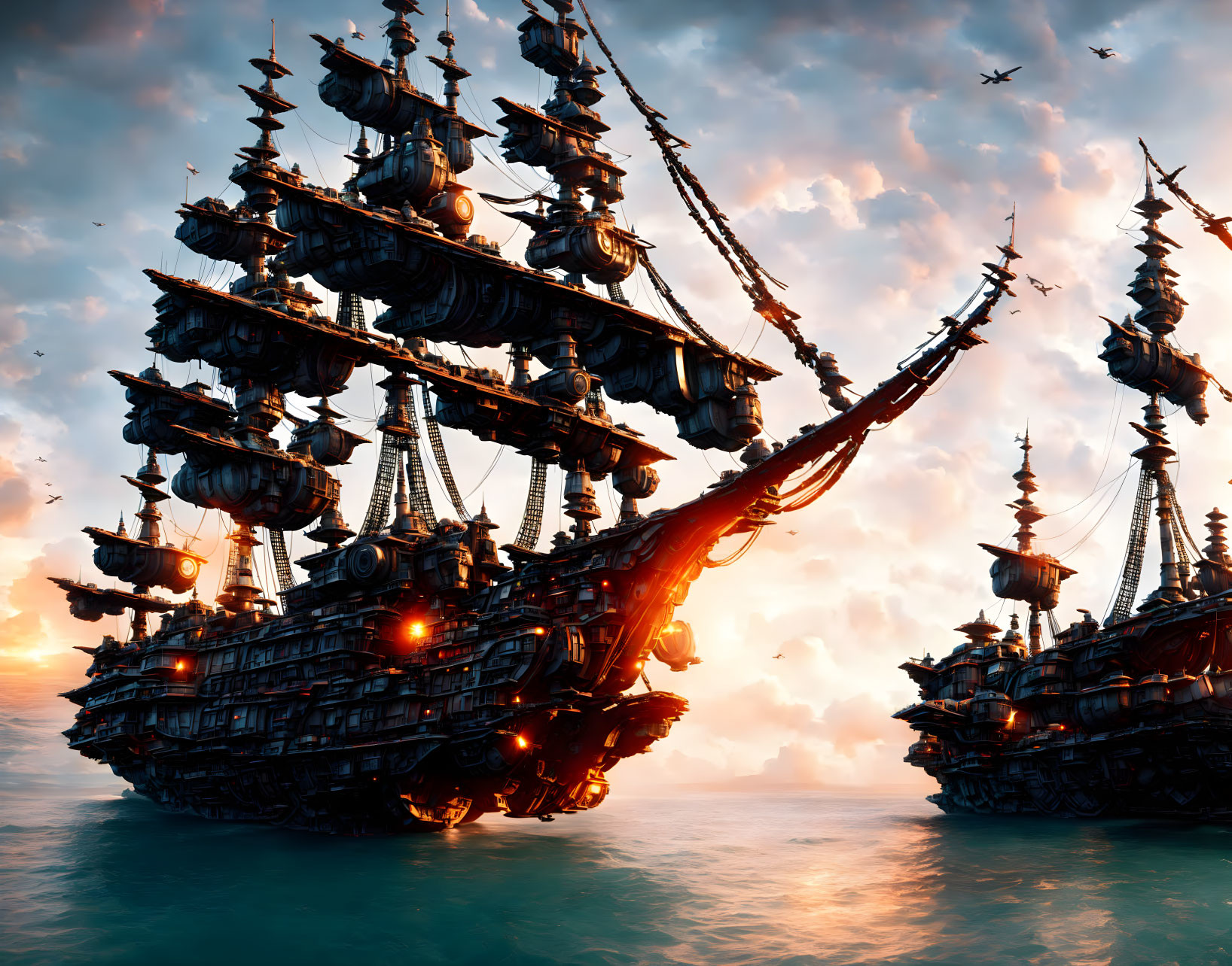 Majestic pirate ships battle at sea under dramatic sunset sky
