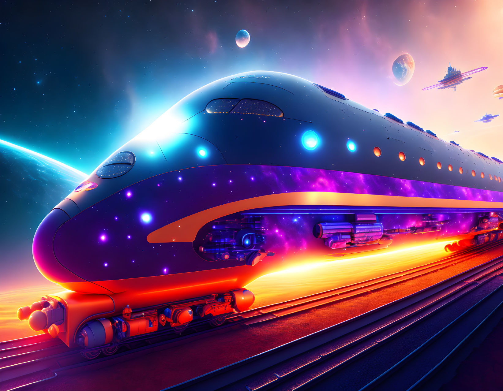 Futuristic train on neon-lit track under surreal sky with planets and spaceship