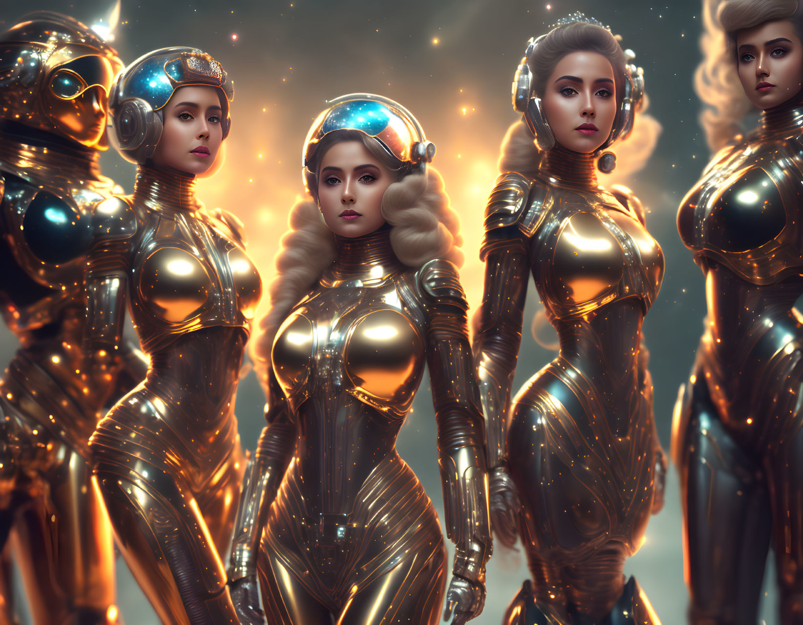 Four futuristic female figures in gold spacesuits against glowing backdrop