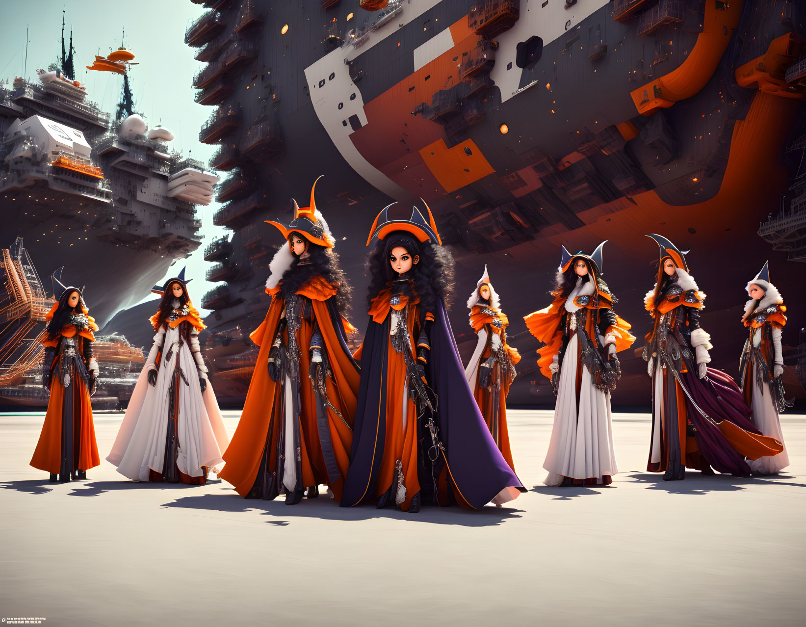Seven stylized female characters in ornate sci-fi armor with fox-inspired helmets under a massive spaceship