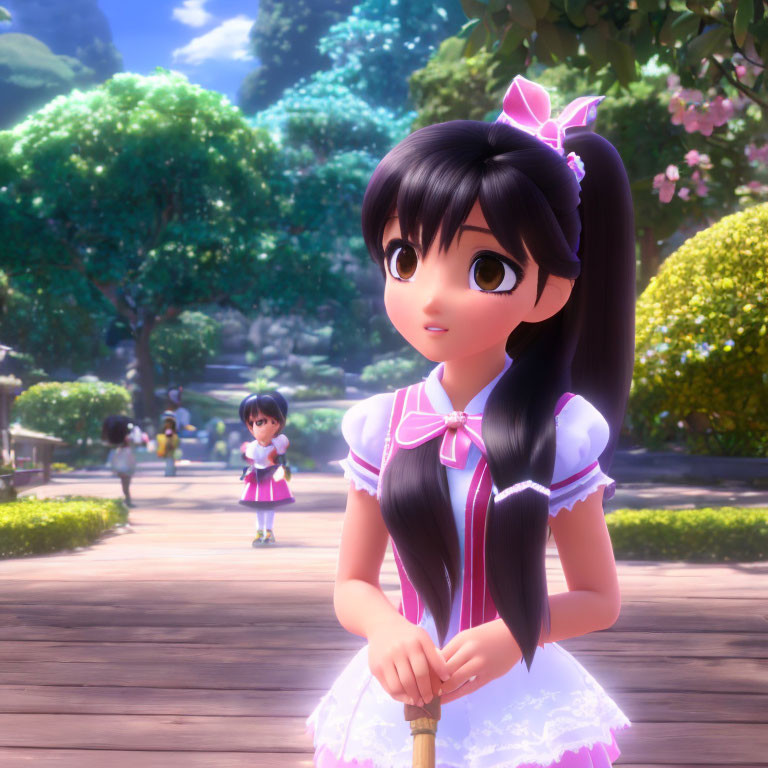 Animated girl with big eyes and dark hair in pink bows, white and pink dress, standing in sunny