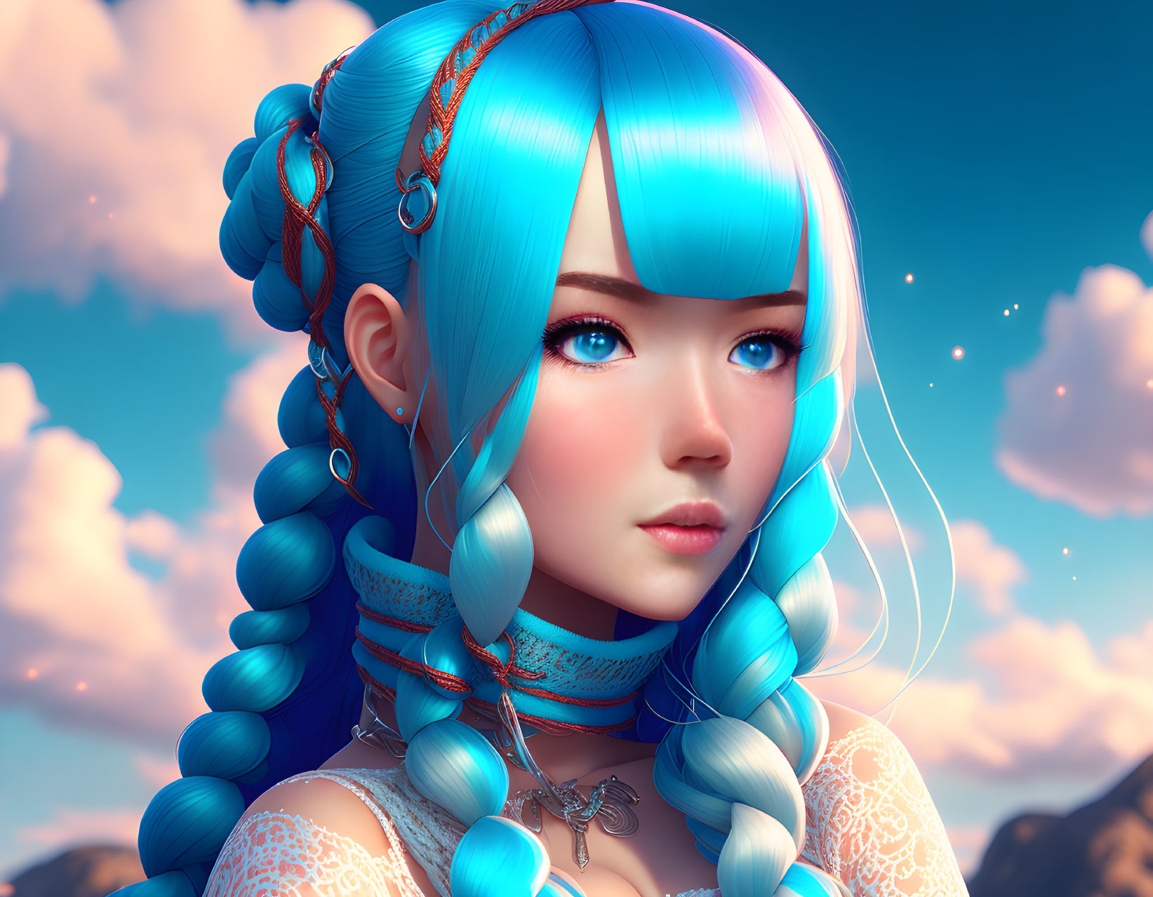 Vibrant blue hair girl with braids and jewelry in 3D illustration