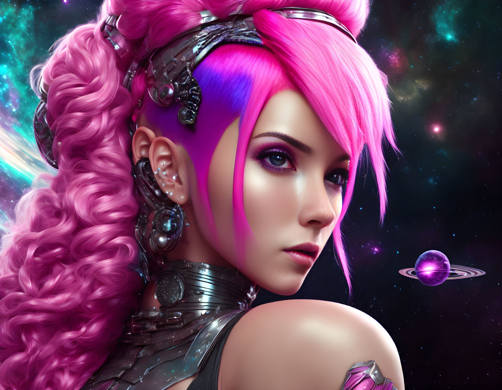 Futuristic digital artwork of woman with pink hair and cybernetic enhancements in cosmic setting