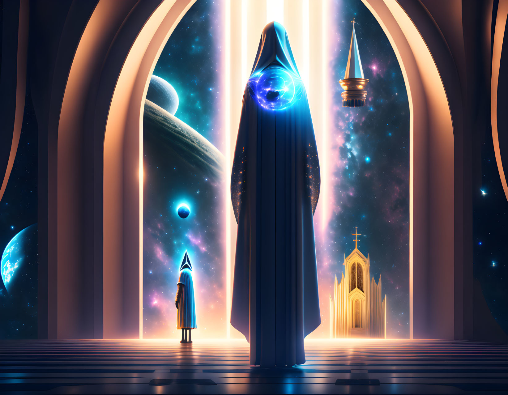 Sci-fi scene featuring robed figures in grand hall with space view & planetary structures