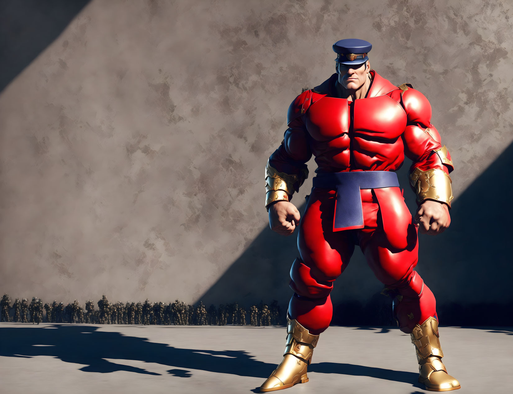 Muscular animated superhero in red and gold costume with blue cap standing confidently in sunlit area with long