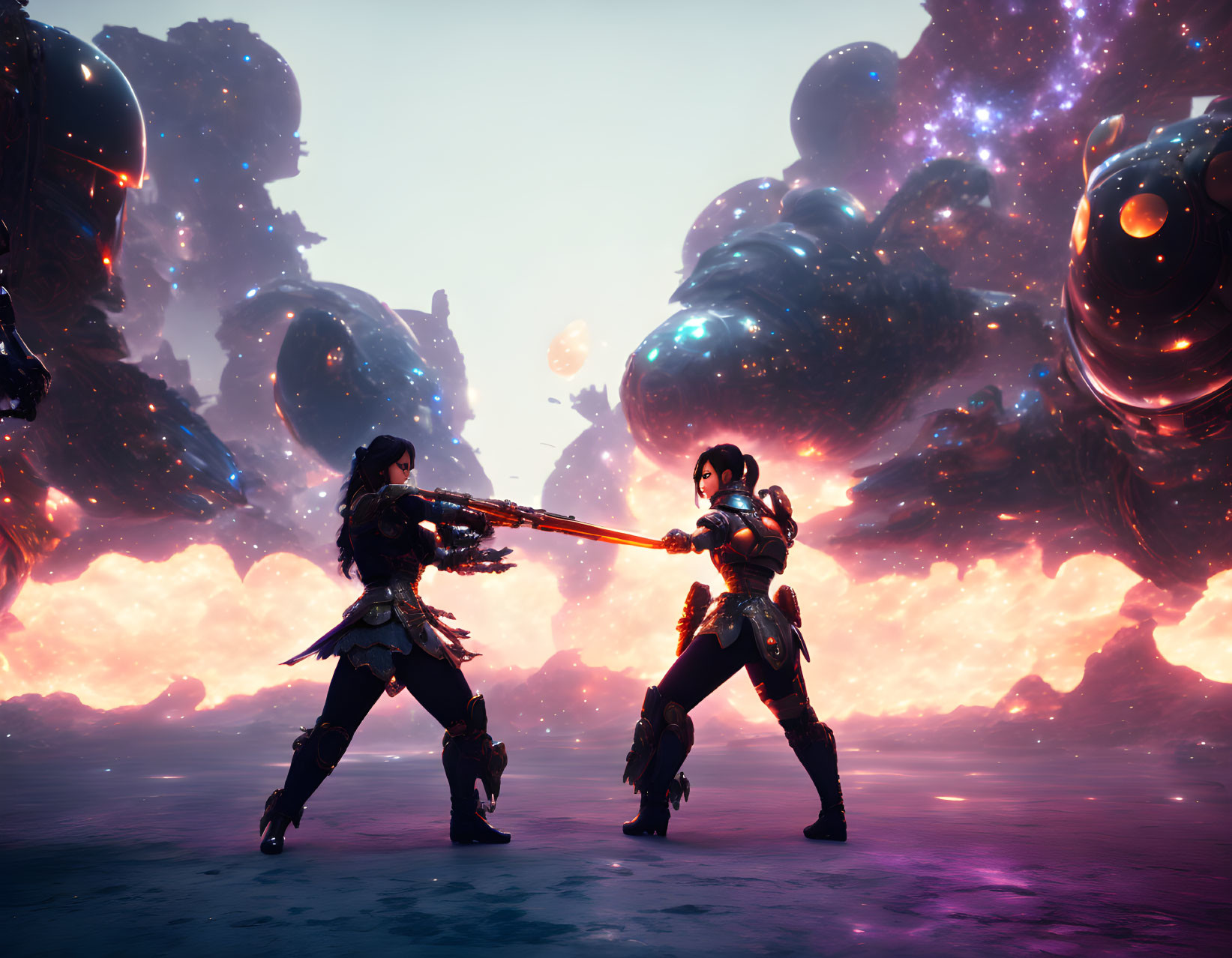 Futuristic warriors duel with energy weapons on alien planet