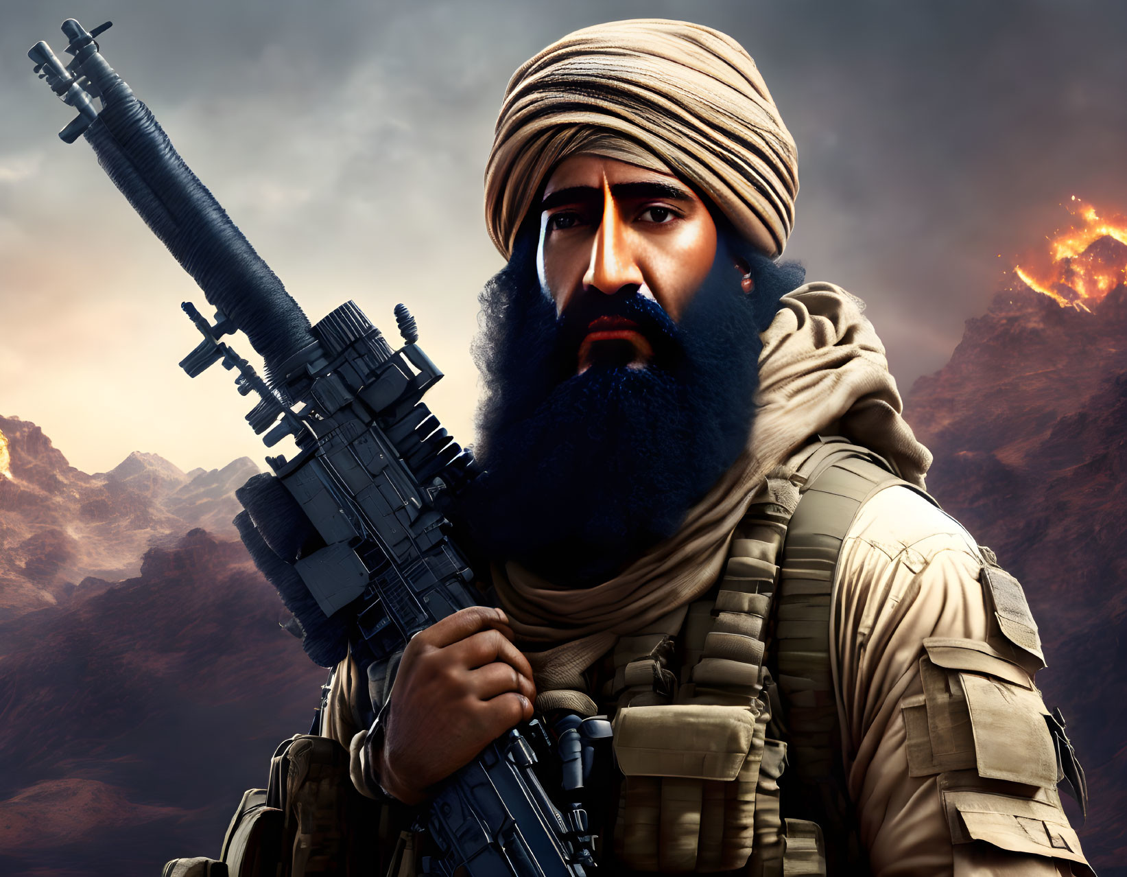 Bearded soldier in turban with rifle amidst fiery explosions and rugged mountains