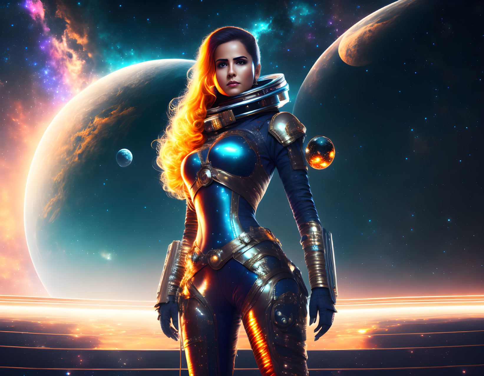 Female astronaut with fiery hair in sleek armor in space with planets and stars