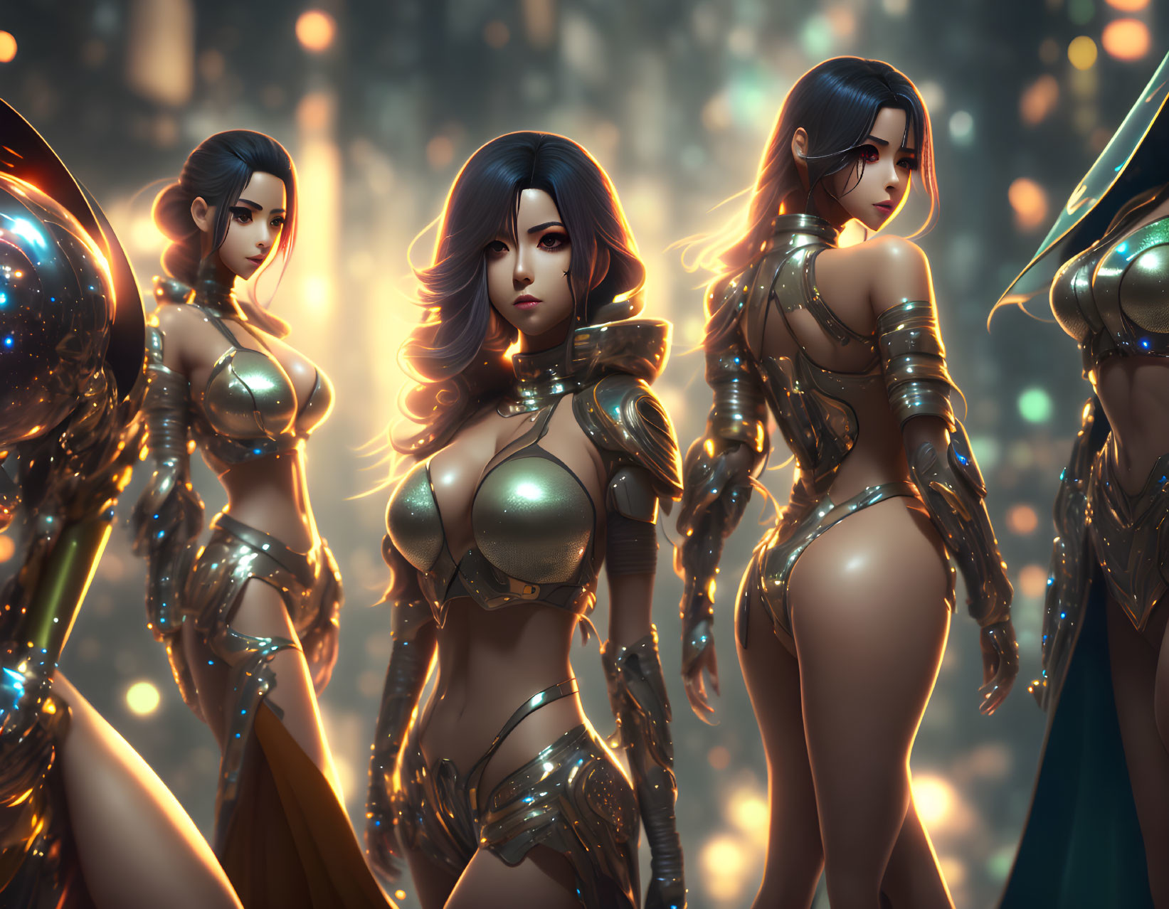 Three stylized female warriors in futuristic armor in glowing forest setting
