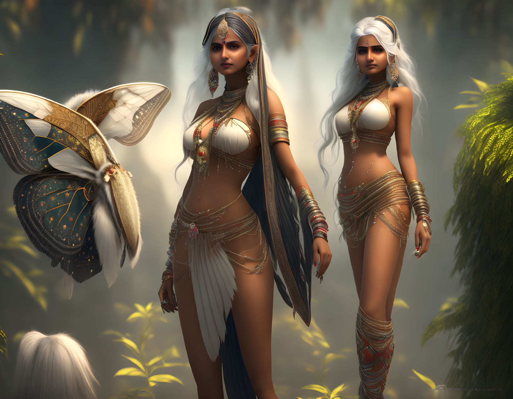 Fantasy female characters in golden outfits with white hair in mystical forest with butterfly