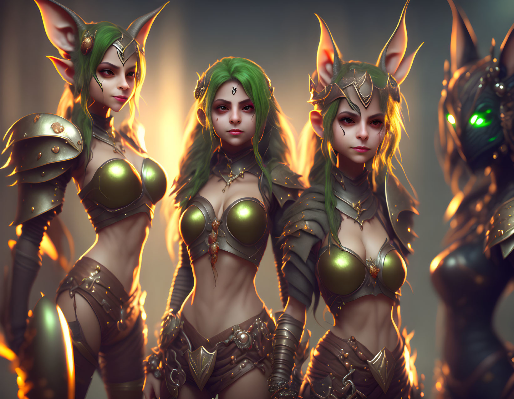 Four fantasy elf warriors in unique armor and ear shapes pose confidently in warm light
