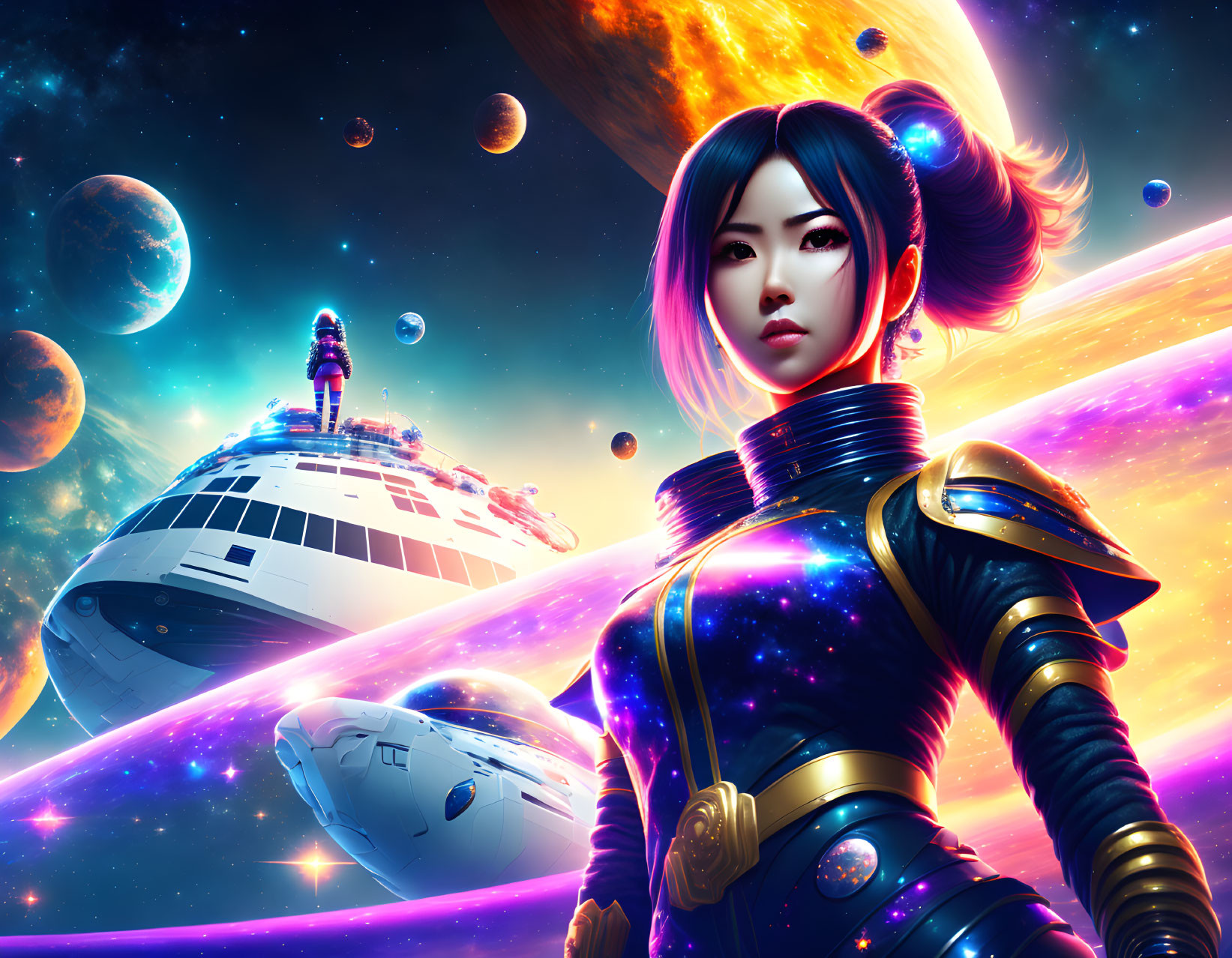 Futuristic female warrior in space armor amidst colorful stellar nebulas