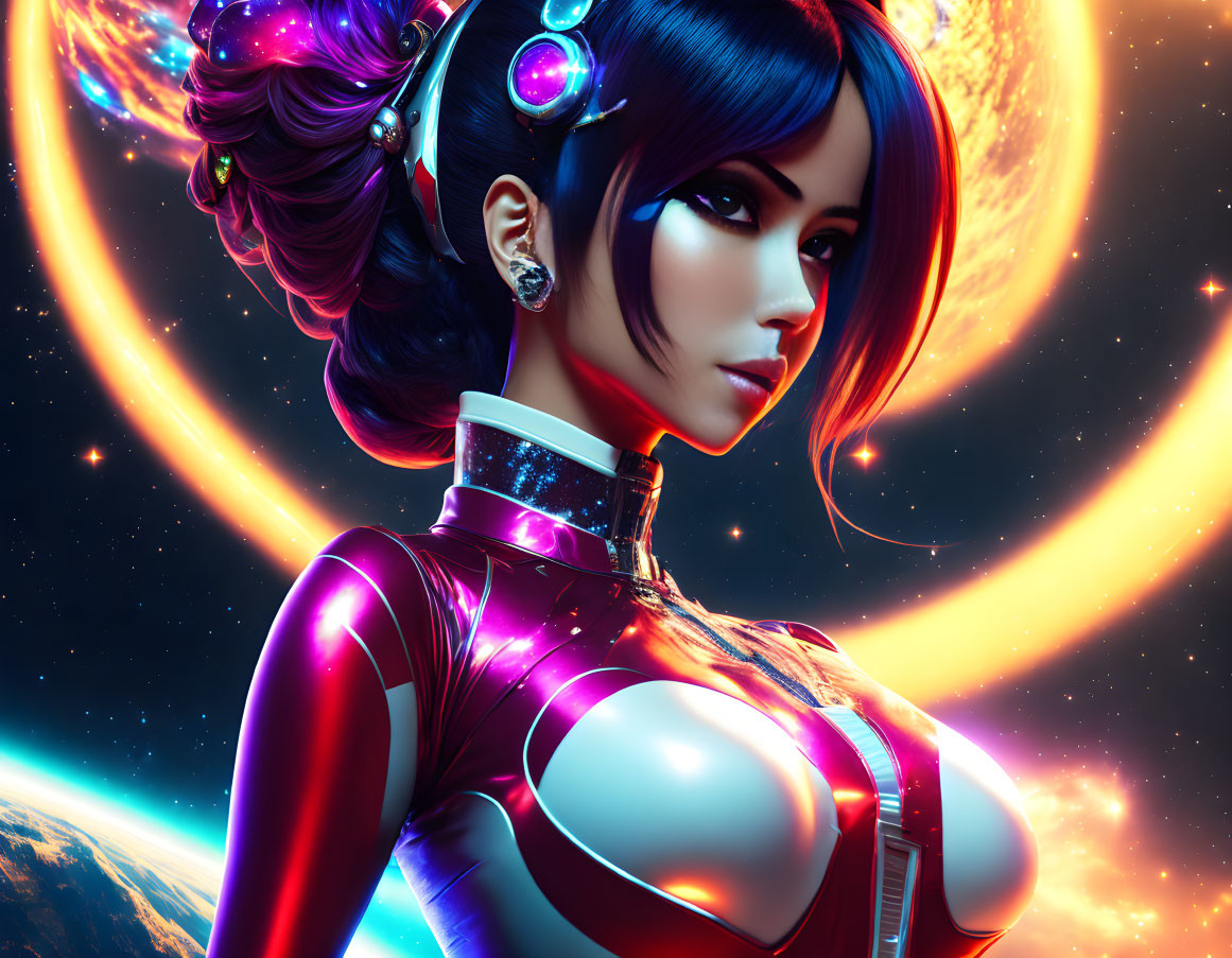 Blue-haired female in red suit with cosmic background and tech earpiece