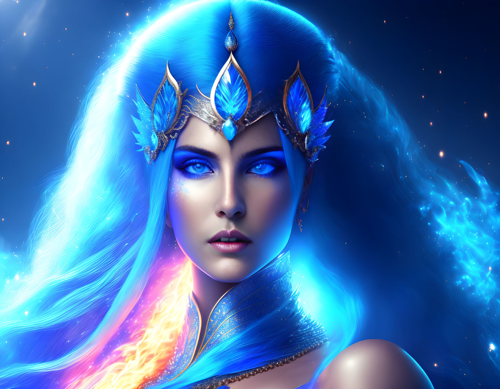 Fantasy illustration of woman with glowing blue hair and crystalline crown
