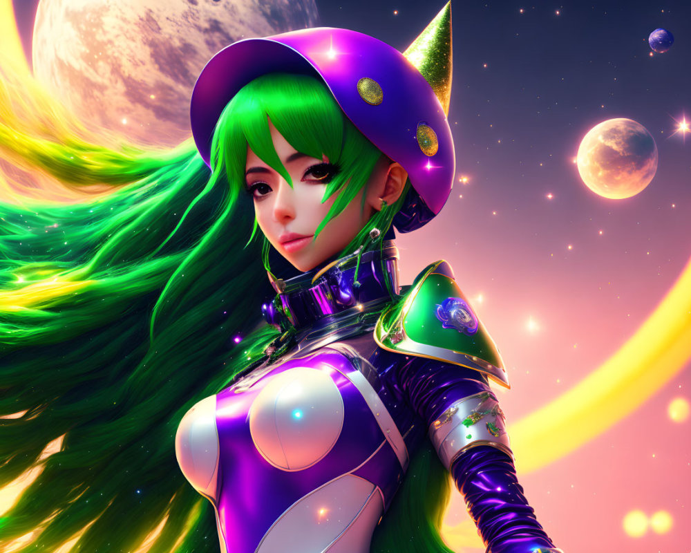 Colorful Illustration: Green-Haired Futuristic Witch in Galaxy Outfit