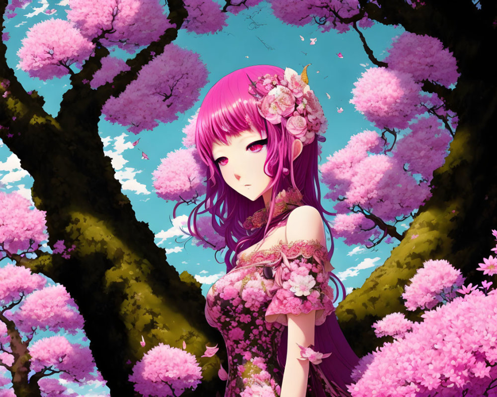 Illustration of female character with pink hair and flowers under cherry blossoms