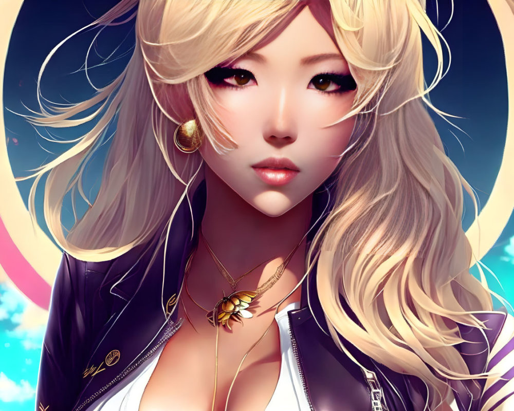 Blonde anime character with gold earrings in black jacket against colorful sky.