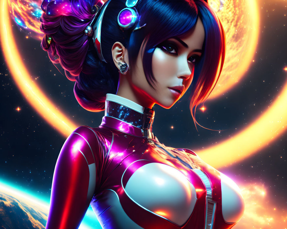 Blue-haired female in red suit with cosmic background and tech earpiece