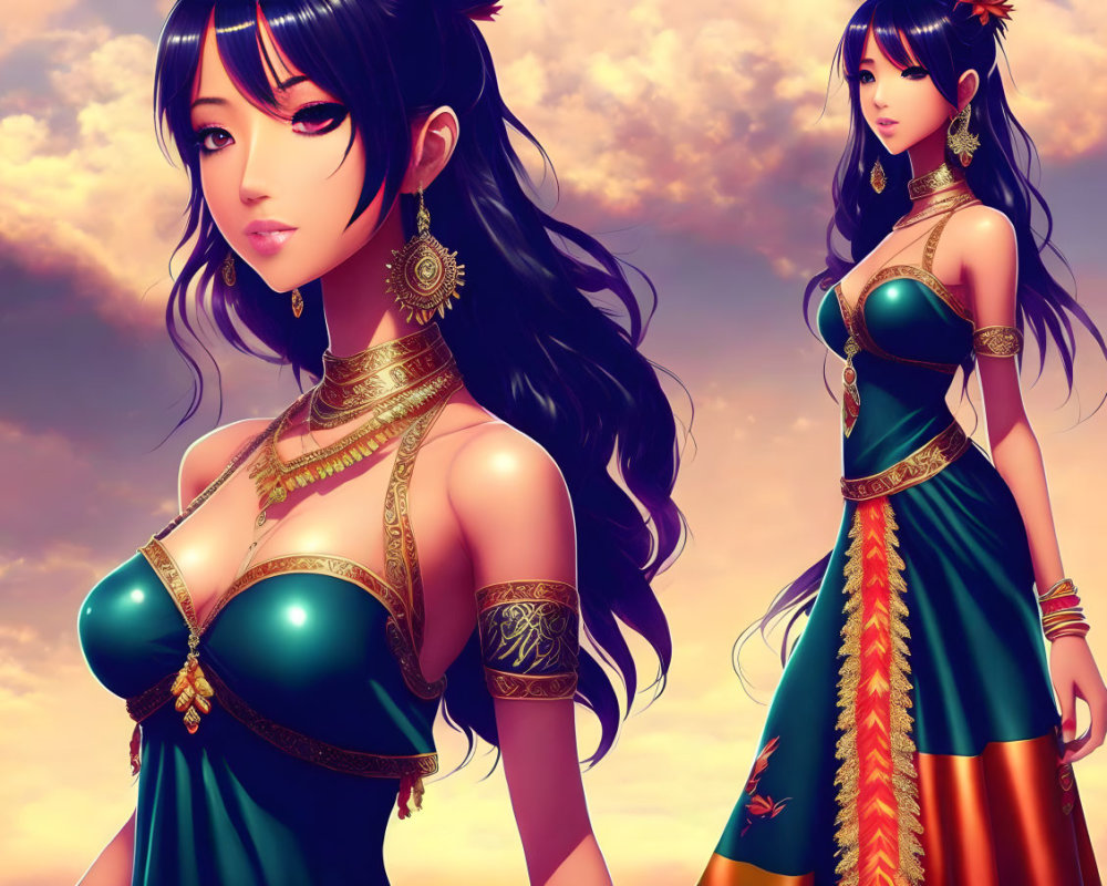 Detailed illustration of woman with long black hair in green and gold outfit against dramatic sky