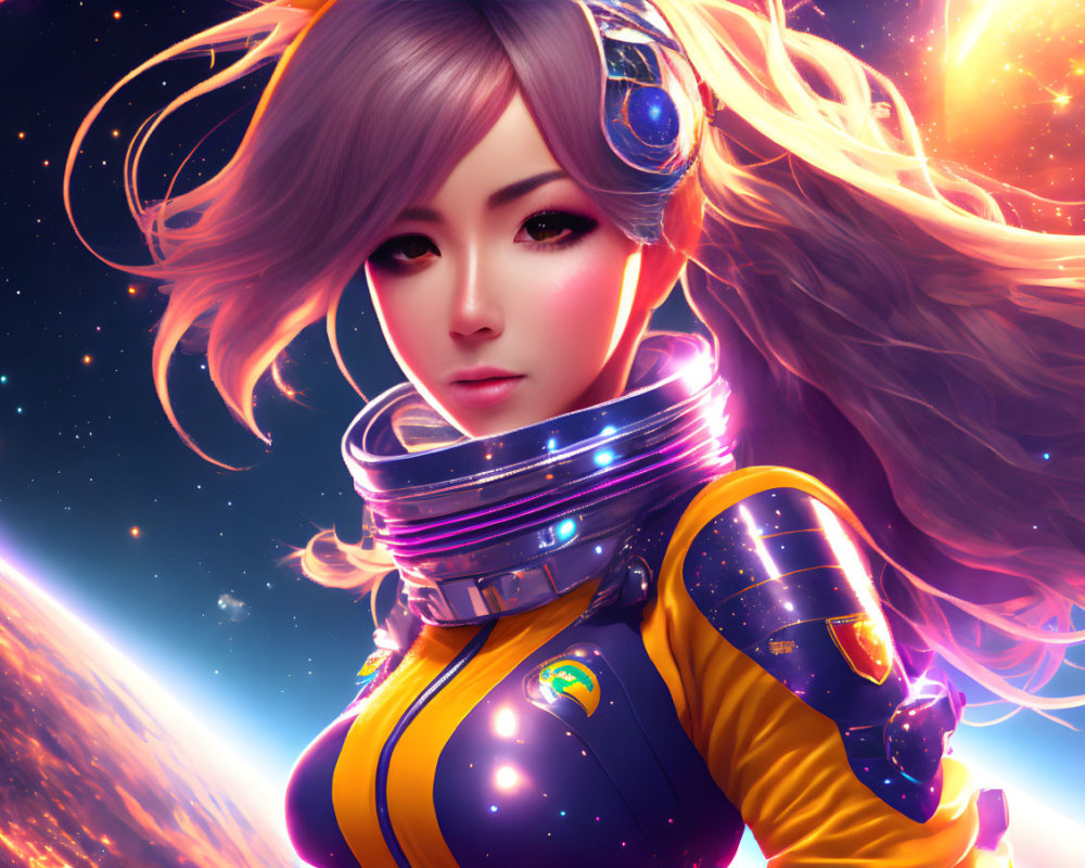 Futuristic female character in glowing space suit against cosmic backdrop