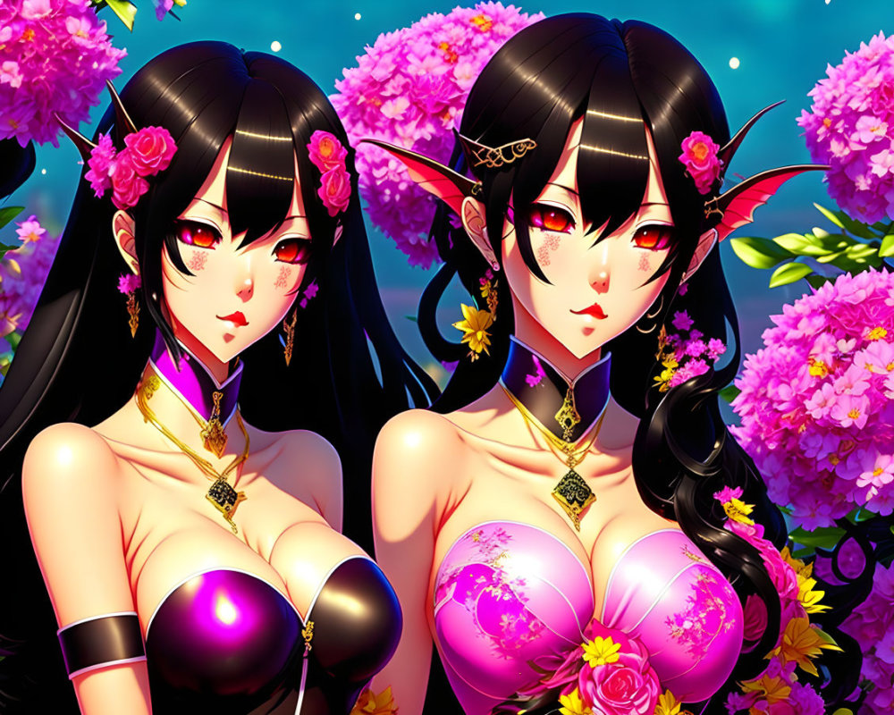 Dark-haired characters with red eyes in ornate floral setting, wearing gold jewelry and traditional attire