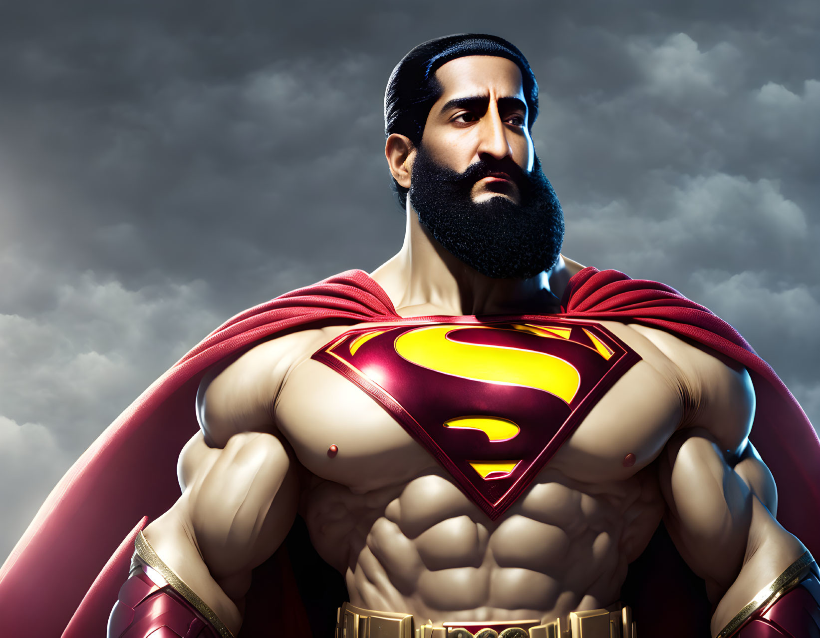 Superman with beard in classic costume under cloudy sky