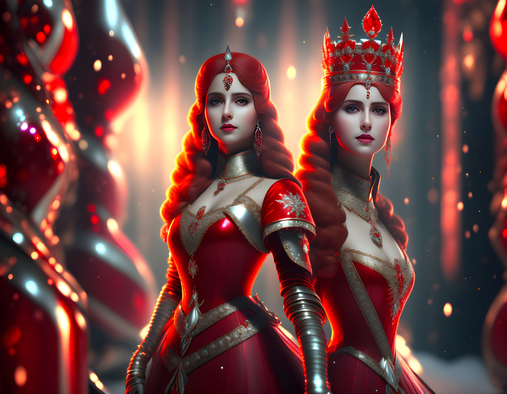 Regal women in red and gold dresses with crowns against fiery backdrop