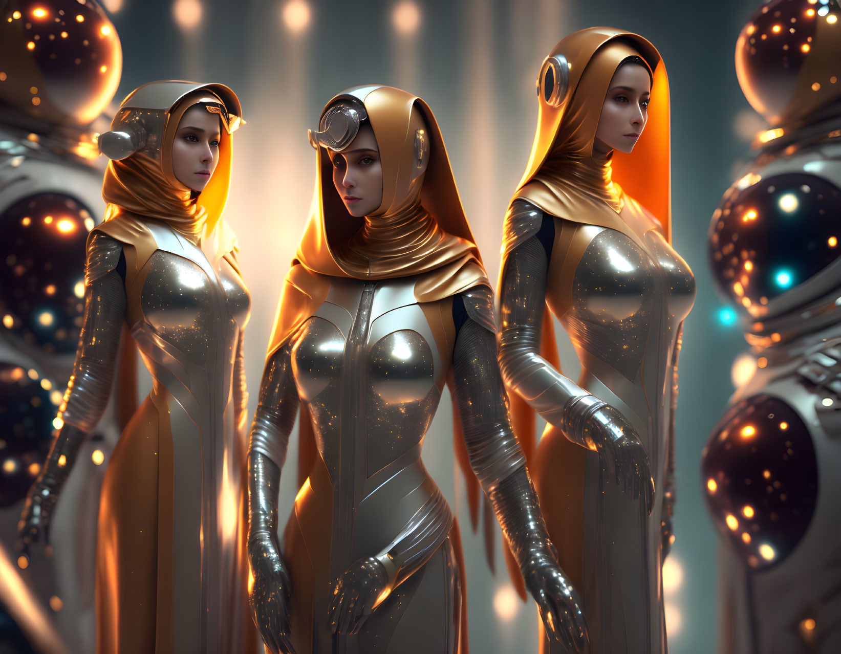 Three futuristic women in metallic suits and golden cloaks with high-tech helmets in front of glowing orbs.