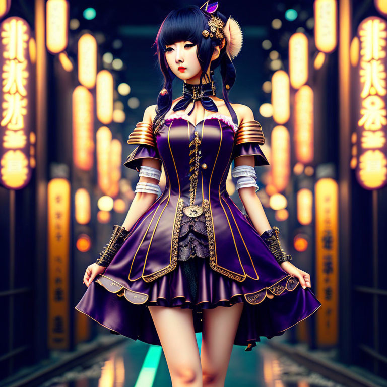 Stylized female anime character in purple and gold outfit among neon signs