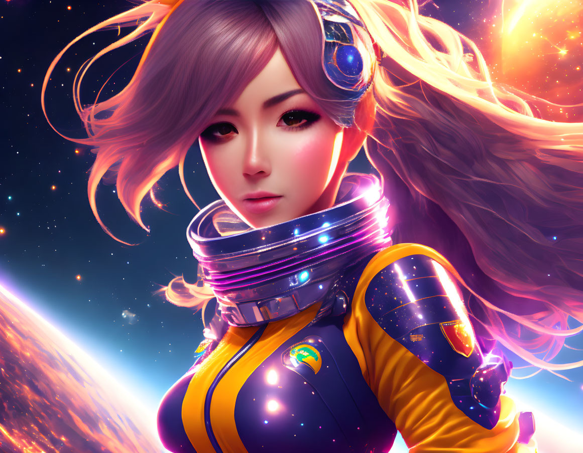 Futuristic female character in glowing space suit against cosmic backdrop