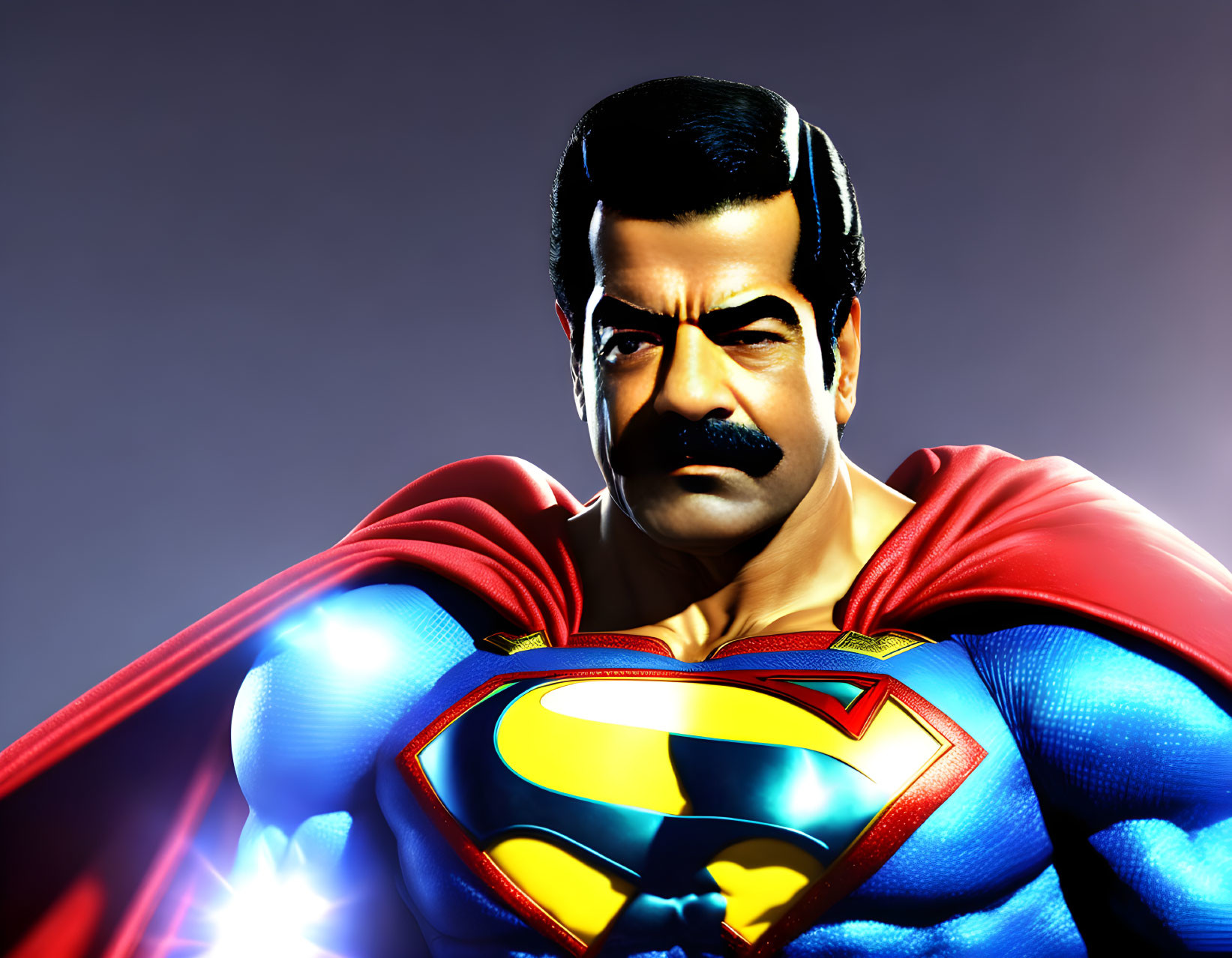 Saddam Hussein like a Superman.