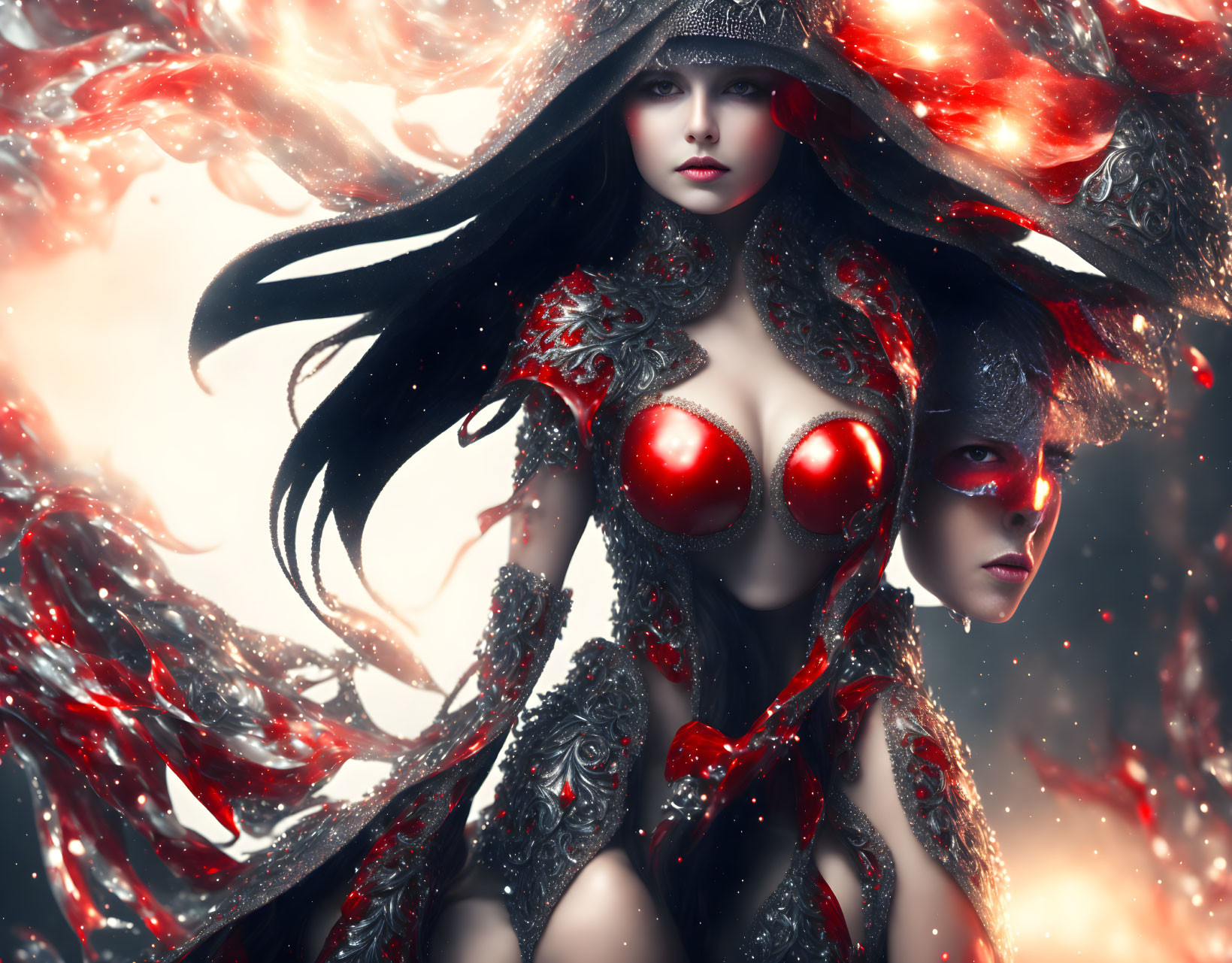 Mystical red and silver figures in elaborate attire on ethereal backdrop