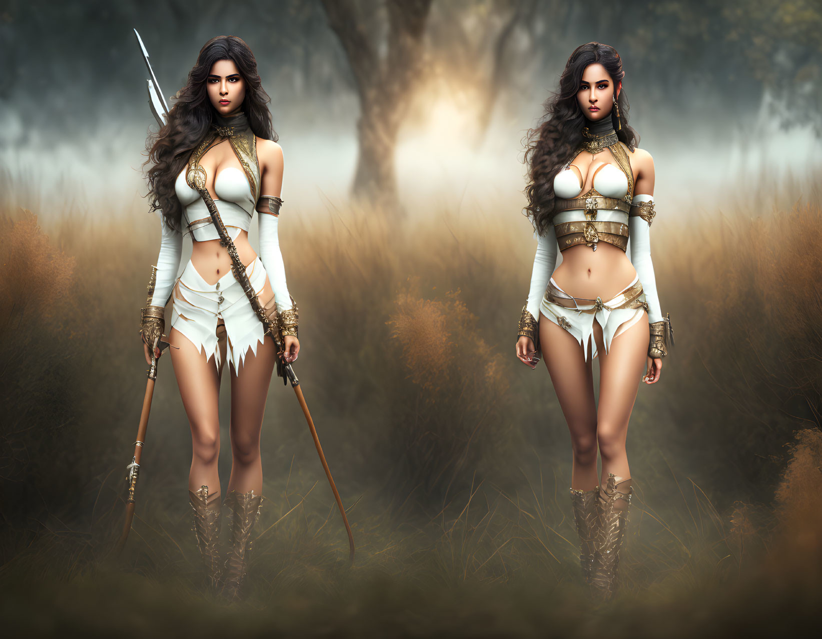 Digital artwork: Twin female warriors in misty forest with spears