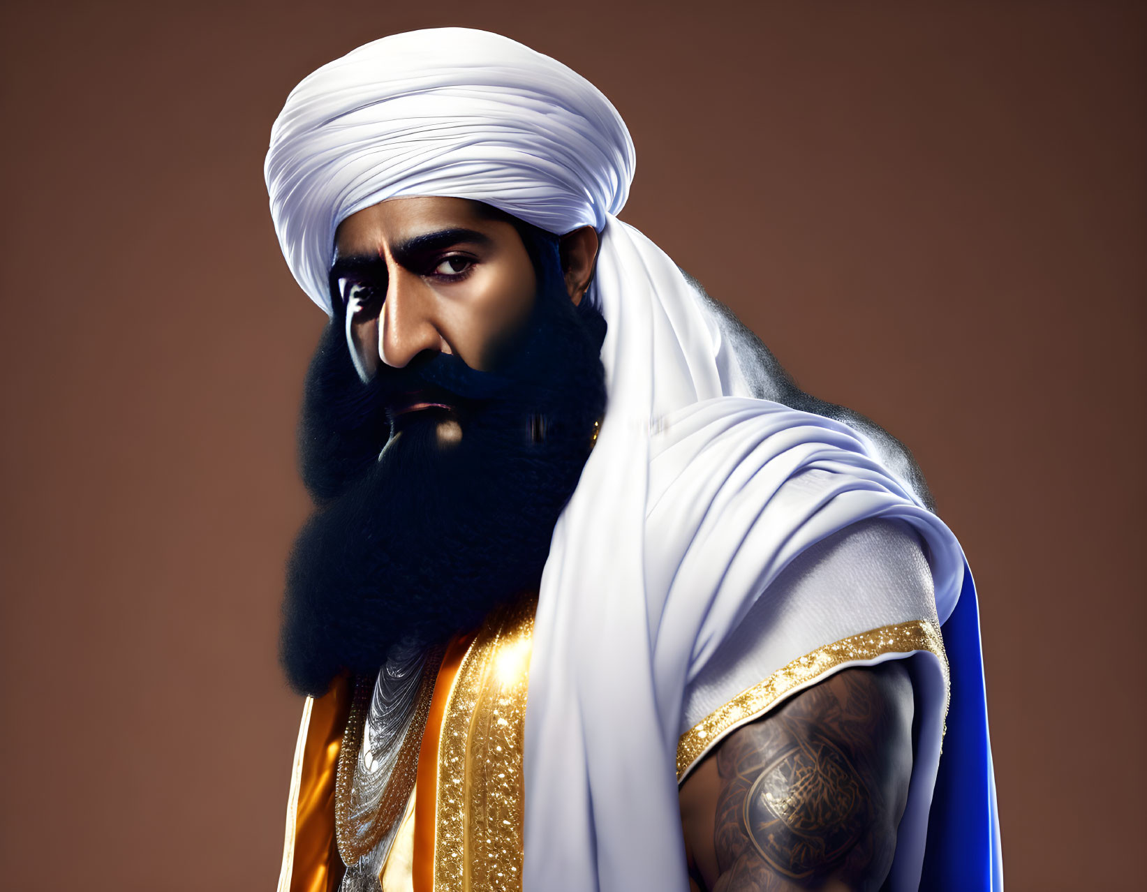 Regal man with turban, beard, white robes, gold jewelry, and tattoo on arm against