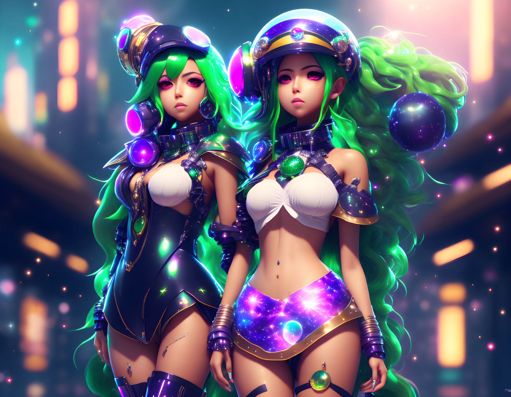 Stylized female characters with green hair in cosmic outfits and neon lights.