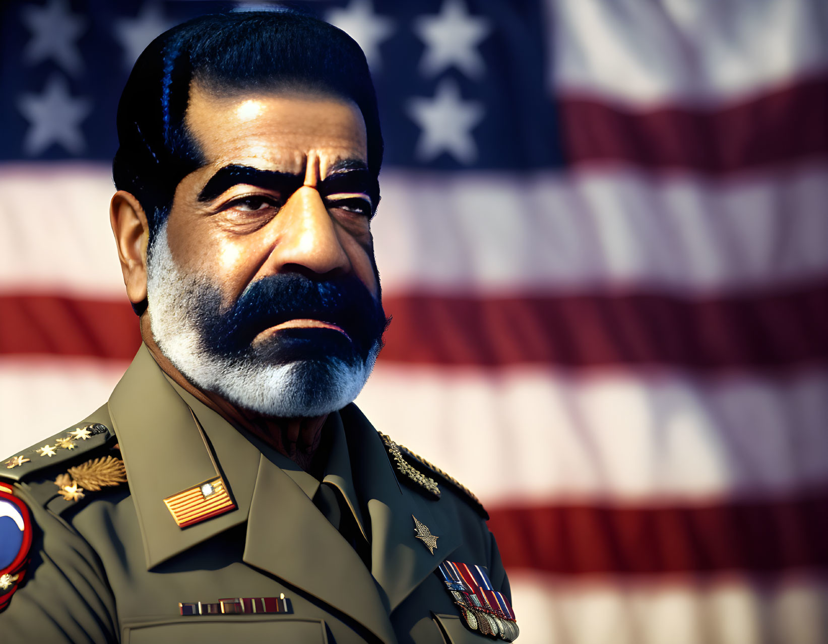 Man with Mustache in Military Attire Against American Flag