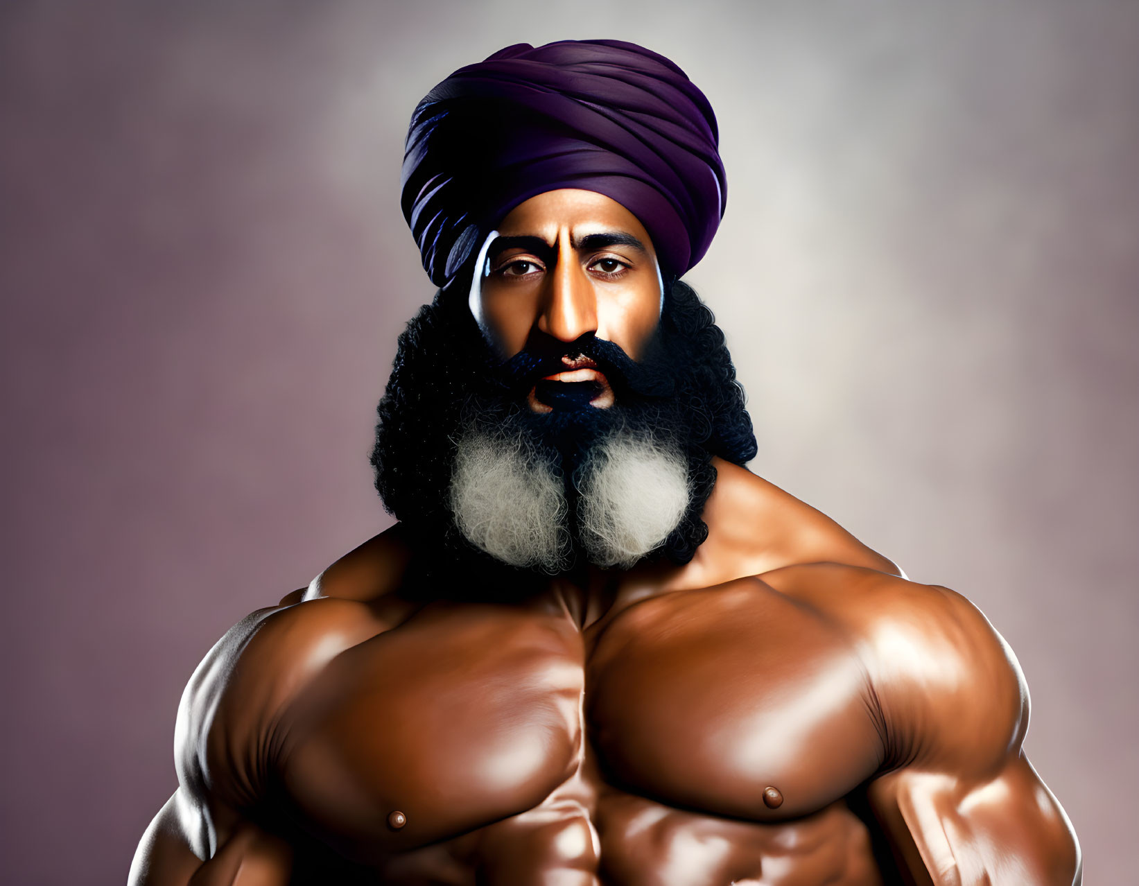 Muscular man with beard and turban on gradient background