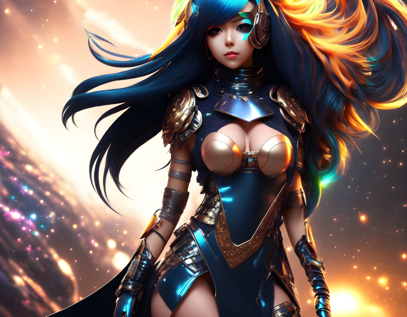 Futuristic digital artwork: Female character with long blue hair in armor on orange cosmic background