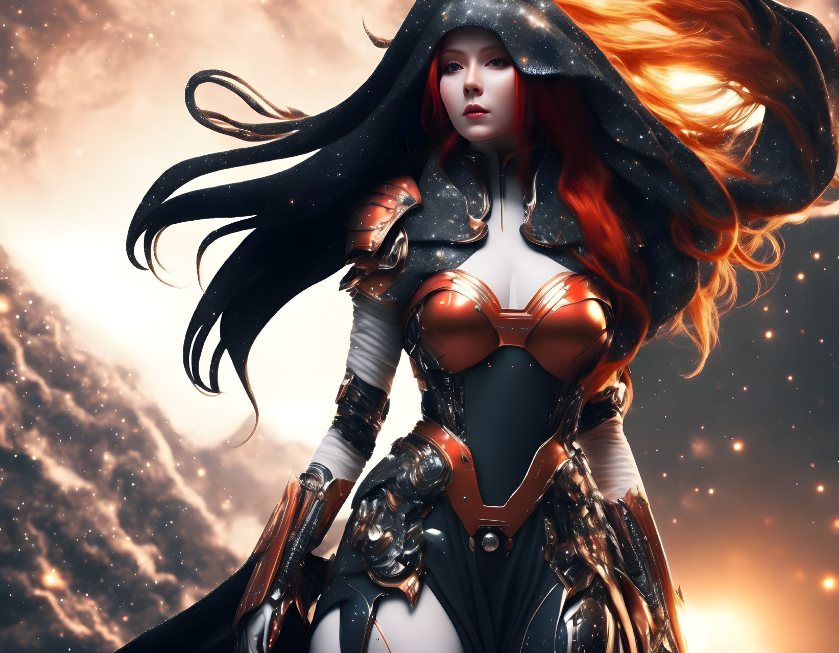 Red-haired fantasy female warrior in ornate armor against cosmic backdrop